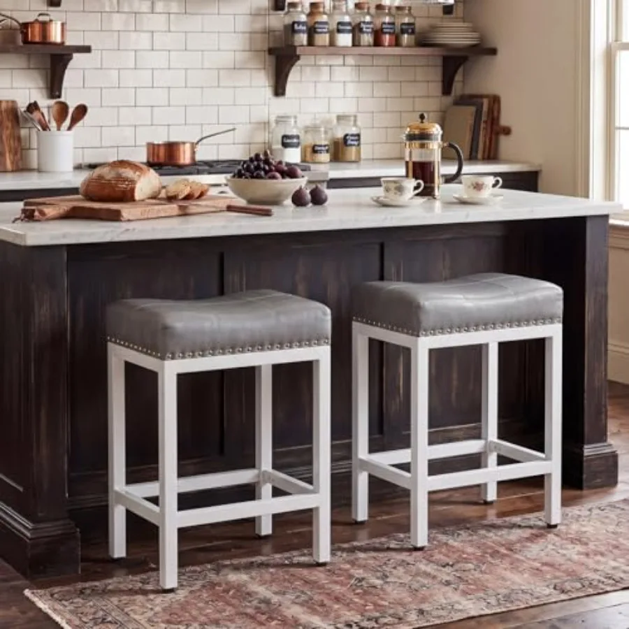 

Saddle Bar Stools, 2 Inch Counter Height with Curved PU Leather Surface, 3.7" Thick Upholstery Bar Height Stools with Footrest