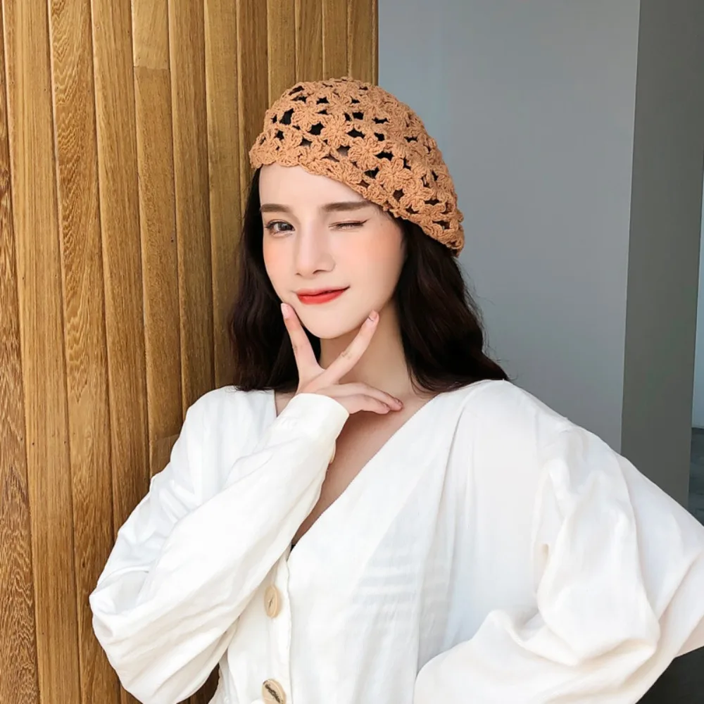 

Breathable Hollowed Out Beret Hat Cotton Linen Lace Hollow Flower Hat Vintage Fashionable Spring Crochet Knitted Cap Party