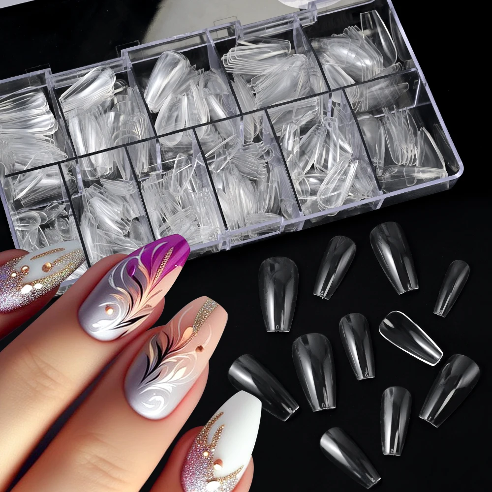 500Pcs Clear/Natural Ballerina Coffin False Nail Tips Full Cover Middle Length Acrylic Fake Nail Glossy Pure Color Press-On Nail