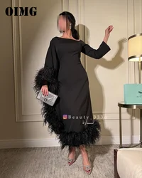 OIMG One-Shoulder Prom Dresses Long Sleeves Feathers Customized Saudi Arabic Women Evening Gowns Occasion Formal Party Dress