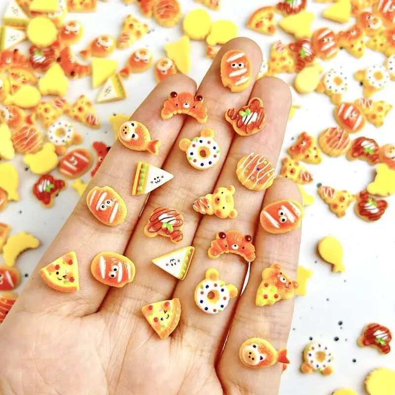 30PCS Simulated Salad Bread Donut Nail Charms Creative Cute Bear Cowhorn Sandwich Desserts Resin Nail Art Decorations DIY Nails