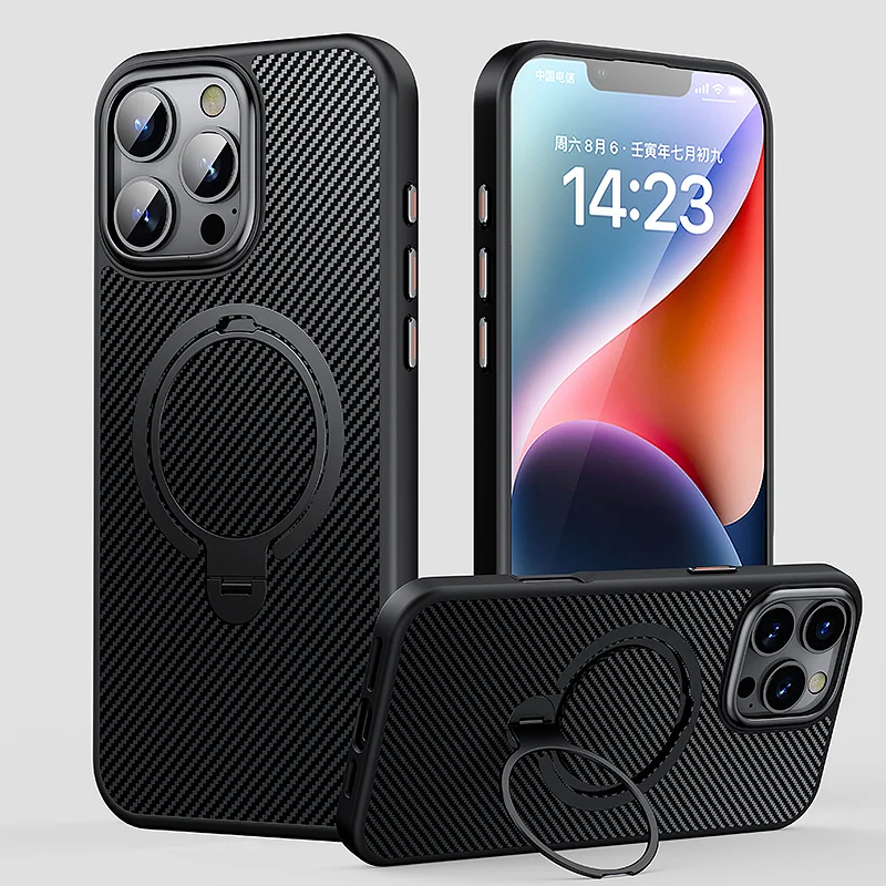 

360° Rotatable Ring&180° Foldable Stand for iPhone 12 13 14 15 16 Pro Max Plus Case Carbon Fiber Compatible With MagSafe Cover