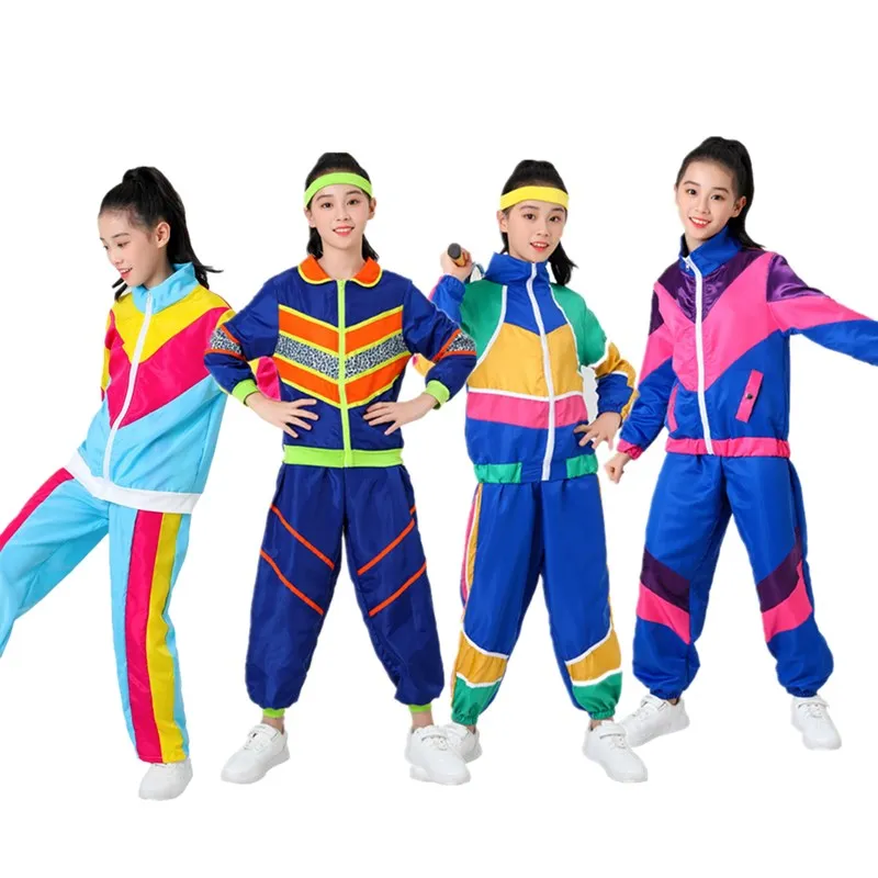 Kinder Retro Disco Cosplay Kostüm Mädchen Sportswear Jacke Hosen Stirnband Outfits Halloween Kinder Vintage Karneval Party Anzug