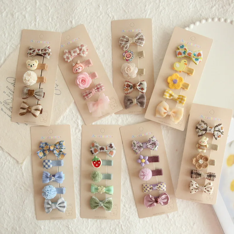 Hair Clips Kids 5 Pieces 1 Set Fabric Covered Metal Spring Summer Cute Lightweight Durable for Girls Daily School Party Travel