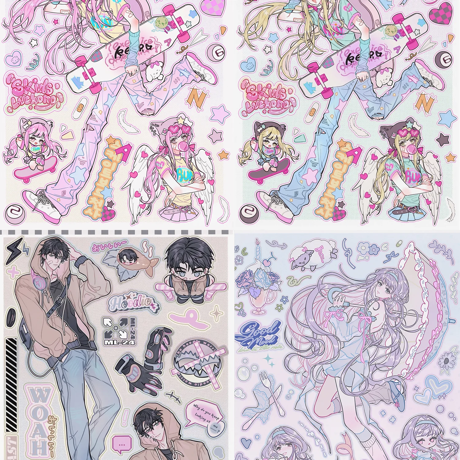 Y2K Style Girl Journal Sticker Pack, Skateboard & Angel Wings Decorative Materials, DIY Collage Base Stickers for Scrapbooking