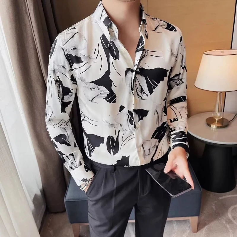 

Trend Luxury Men Shirts New Sping Autumn Lapel Printing Single Breasted Korean Streetwear Fashion Casual Loog Sleeve Slim Tops