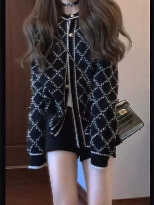 Bla geruite gebreide jas dames vroege lente Sle losse pasvorm zachte stof lange Sve button-up warmte verwarming ronde Ne-top