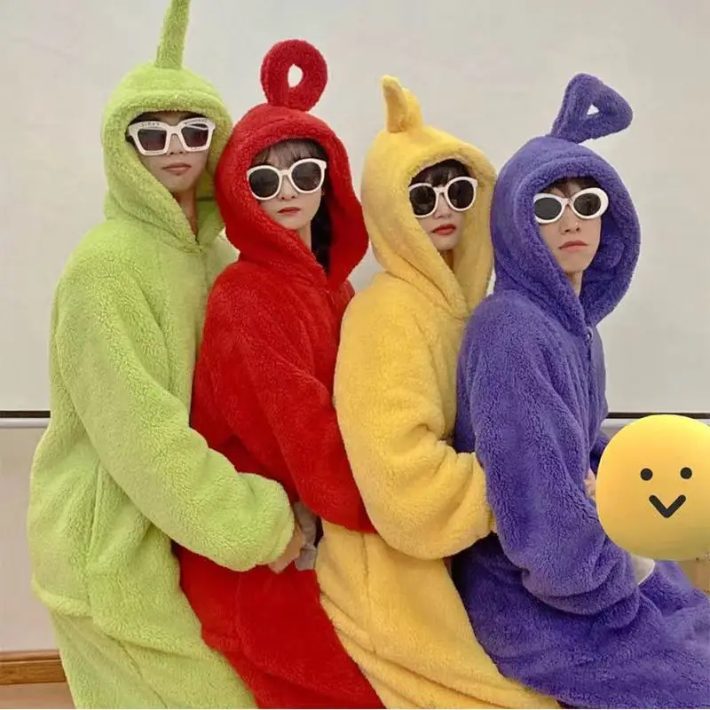 Teletubbies Cartoon Adultcos Cosplay Coral Fleece Hooded Jumpsuit Costume Adult Onesie Pajamas Unisex Clothes Cosplay Homewear 