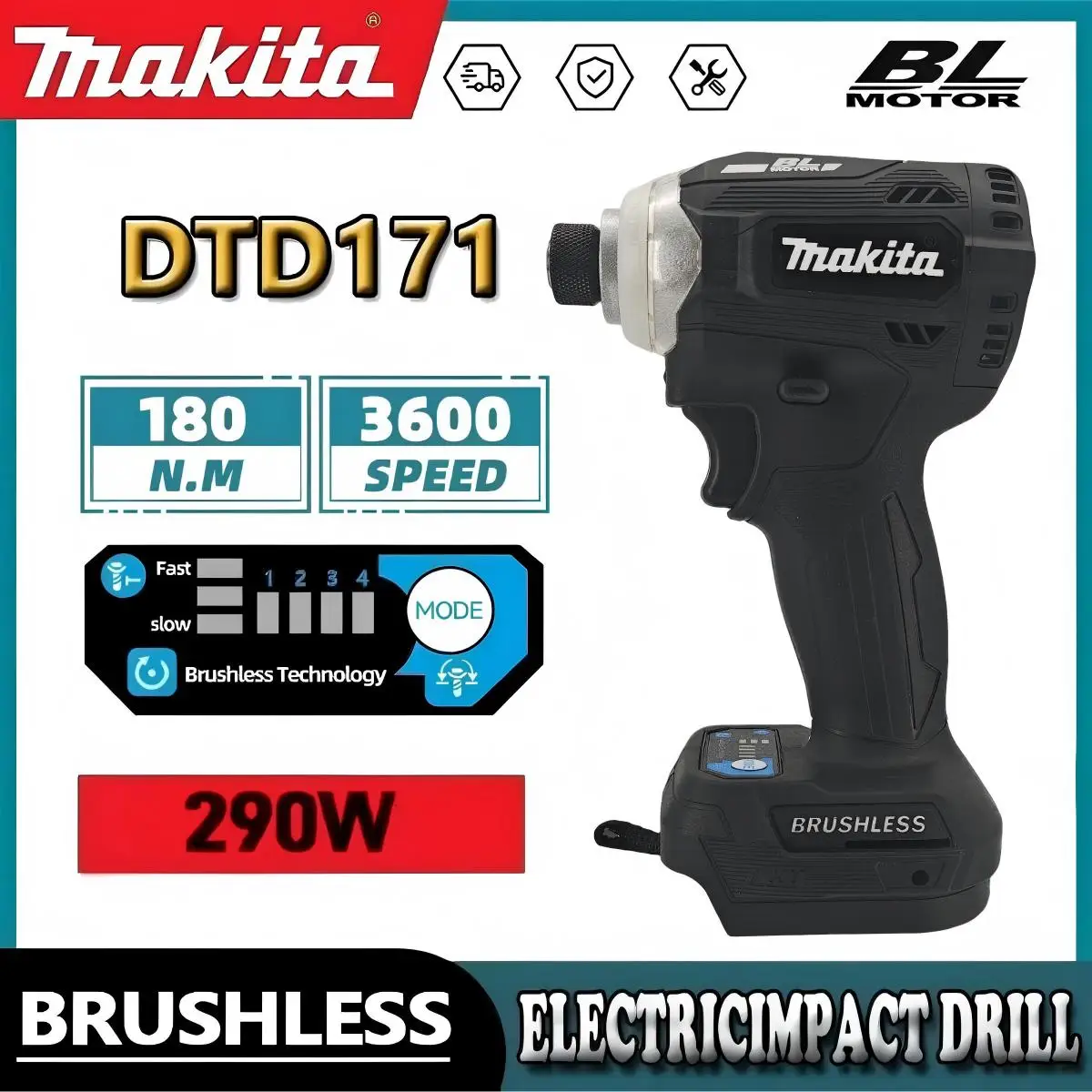 

Бесщеточная электрическая дрель-шуруповерт Makita Black DTD171, 180 Н·м крутящий момент, 3600 об/мин, компактная аккумуляторная отвертка для домашнего ремонта