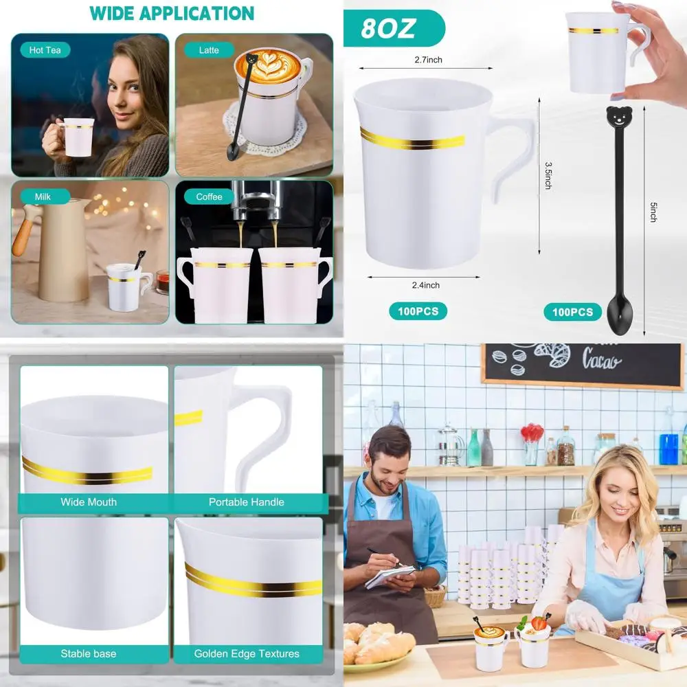 

100-Pack Reusable 8oz White Plastic Coffee Cups with Handle, Gold Rimmed, and Spoon for Espresso, Tea, Cafe, and Desserts