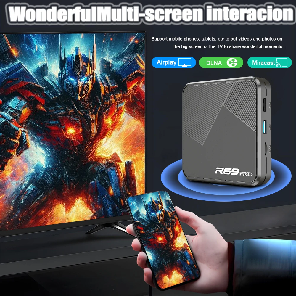 R69 PRO Allwinner H728 Android 14 TV Box CPU octa-core A55 GPU Mali G57 WiFi 6 8K activé par la voix Bluetooth BT5.0 + décodeur
