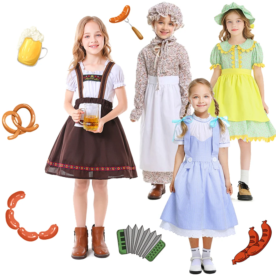 Girls Pastoral Farm Cosplay Stage Performance Costume Children's Day Event Role Play Clothes Kids  Halloween Theme Party Outfits