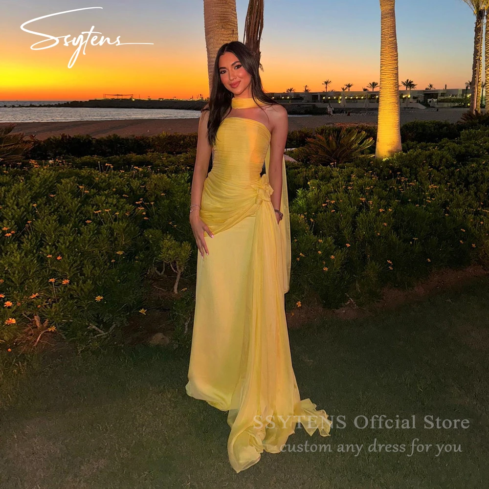 

SSYTENS Yellow Strapless Evening Dresses Arabic Saudi Night Party Formal Prom Gowns Wedding Guest Night Event Dress Customized