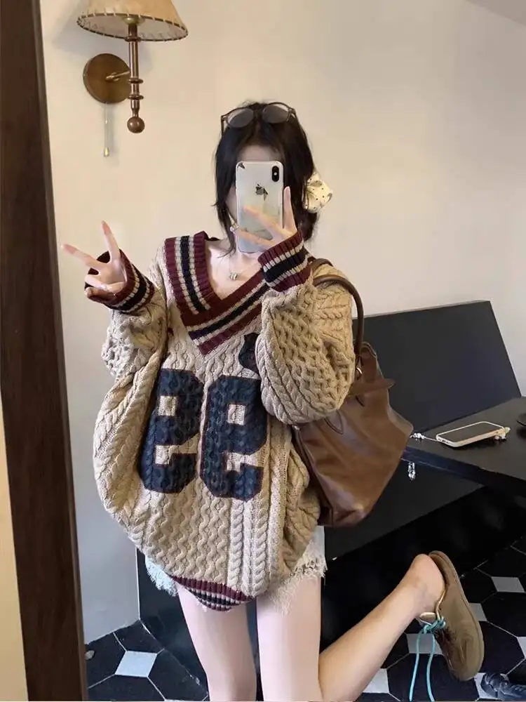 

Women Sweater 2025 Autumn Winter Women's Retro Number Knit Striped V Neck Sweater Lazy Style Loose Mid Length Knitwear