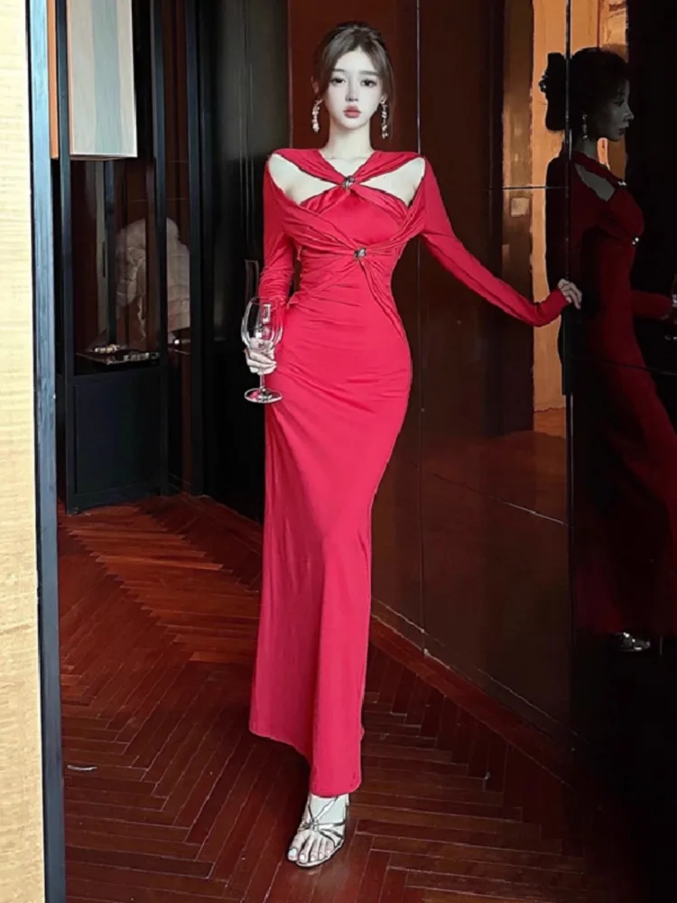 Topenomi Sexy Cross Hollow Out abito da sera rosso donna elegante vita alta Slim Split manica lunga Cocktail Party Vestidos Robe