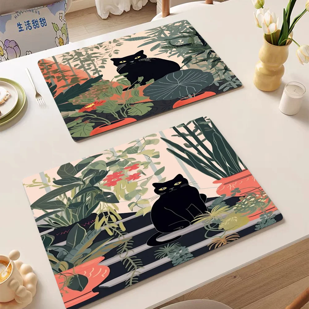 Abstract Green Plants Black Cat Quick Drying Dish Mat Printed Kitchen Tableware Coffee Draining Pad Cup Bottle Placemat