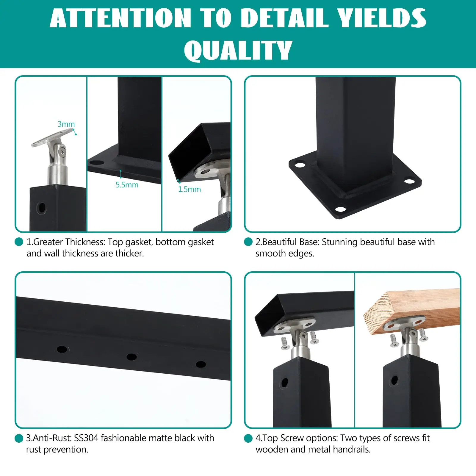 36" Stair Cable Railing Post Kit Set, 5-10ft Complete Fit for 25-35° Stair Include 2 Black Railing Posts and 1 Handrail