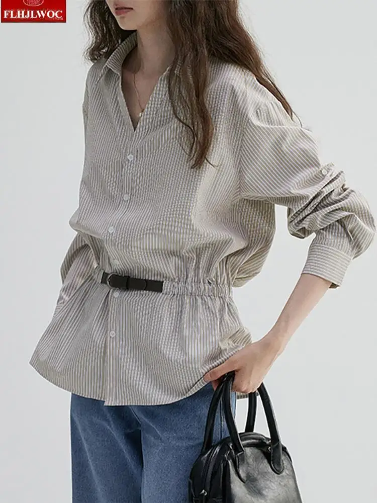 Koszule z marszczeniem w talii, nowa moda, szykowna koreańska stylizacja damska 2025, jesień, długi rękaw, dekolt w serek, w paski, retro, vintage, bluzki z falbaną.