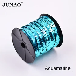 JUNAO 100 Yard 6mm Shiny Aquamarine Sew On Sequins Trim Loose Round Flat PVC Paillette For Clothes Jewelry Making Crafts