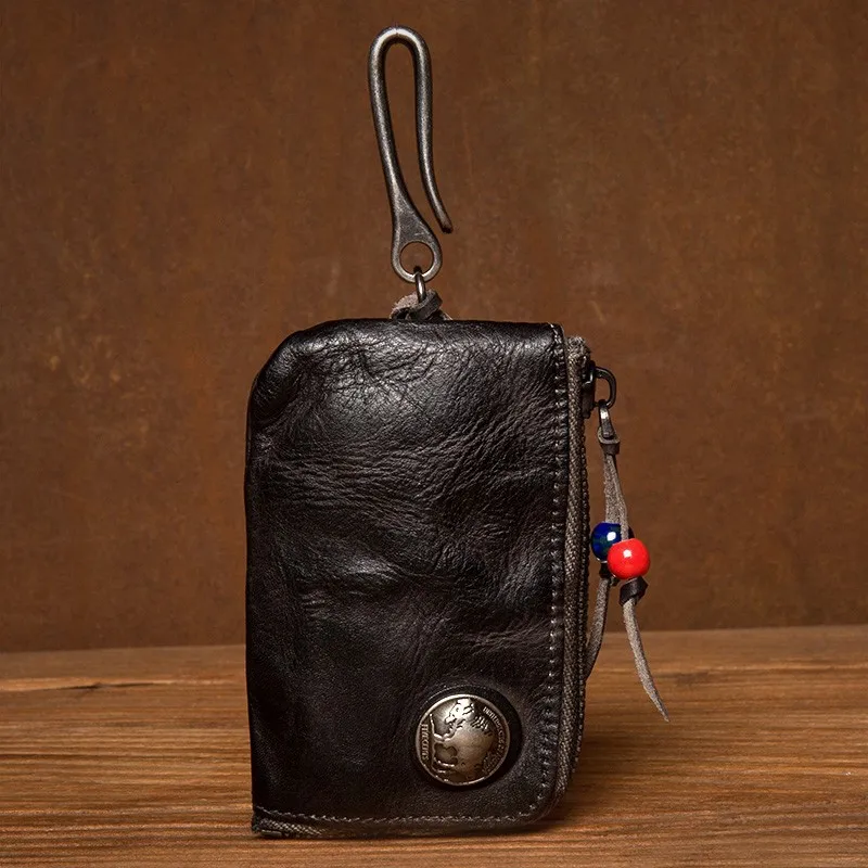 Vegetable tanned cowhide wallet hand-polished leather short wallet fashion leather retro handmade key bag.