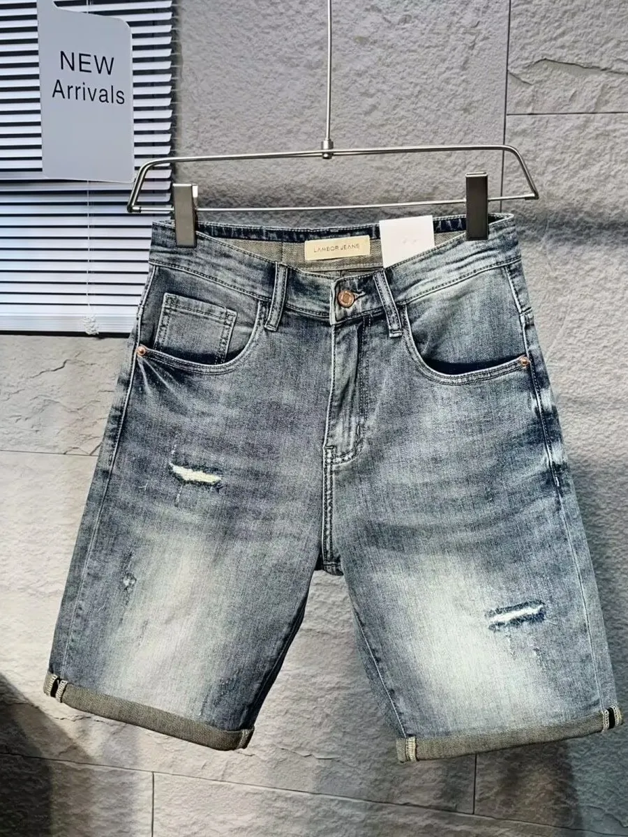 Zomer dunne Faion luxe heren denim orts casual elastische rechte gestikte vijfkwartbroek jeugd vrijetijdskleding