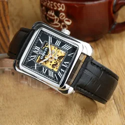 Fashion Black Square Watch Men Gold Skeleton Watches Leather Band Automatic Mechanical Wristwatches Male Clock Relogio Masculino