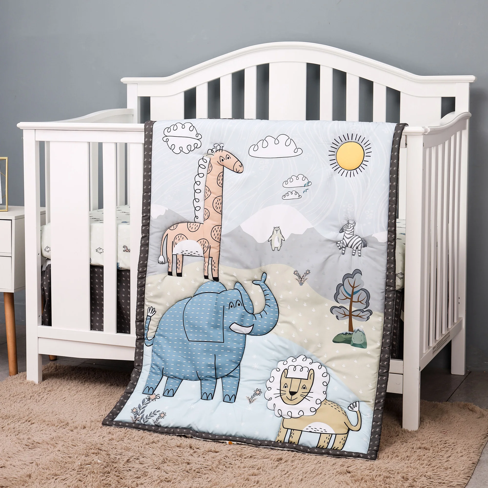 

4pcs Nursery cot Bedding Baby Crib Bedding Set - jungle animals including bumpers /comfoter /crib sheet /crib skirt/pillow