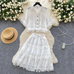 Stickerei 2-teiliges Set für Damen, aushöhlen, lockeres Hemd, Tops + elastische Taille, Midi-Röcke, Anzug, Sommerurlaub, Spitze, Damen-Outfit