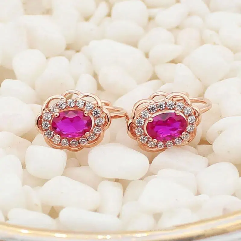 585 fioletowy pozłacane 14K rose złoty diament ruby flower kolczyki dla kobiet modne oświetlenie luksusowe ucha klamra biżuteria ślubna