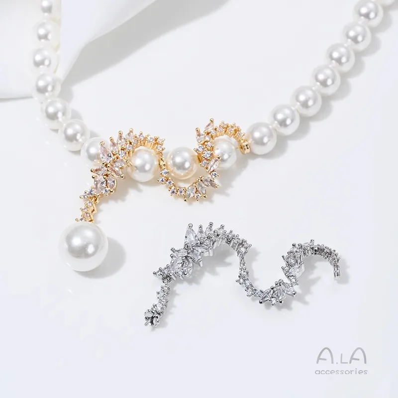 14K Gold Plated Zircon Inlaid Snake & Vine S-shaped Spacer Beads for DIY Pearl Necklace Jewelry Accessories