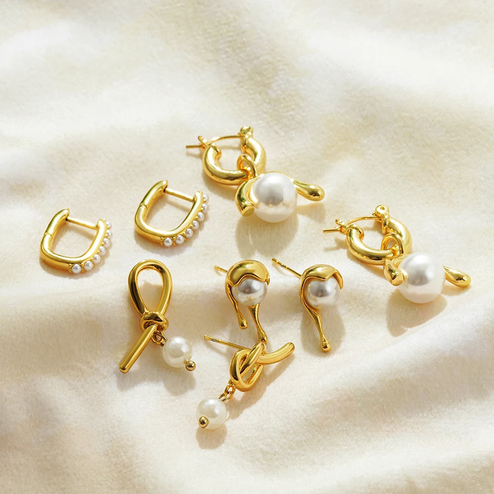 Creative Geometric Square Freshwater Pearl Drop Earrings Waterproof Irregular Knot Hoops Femal Stud Droplet Elegant Jewelry Gift