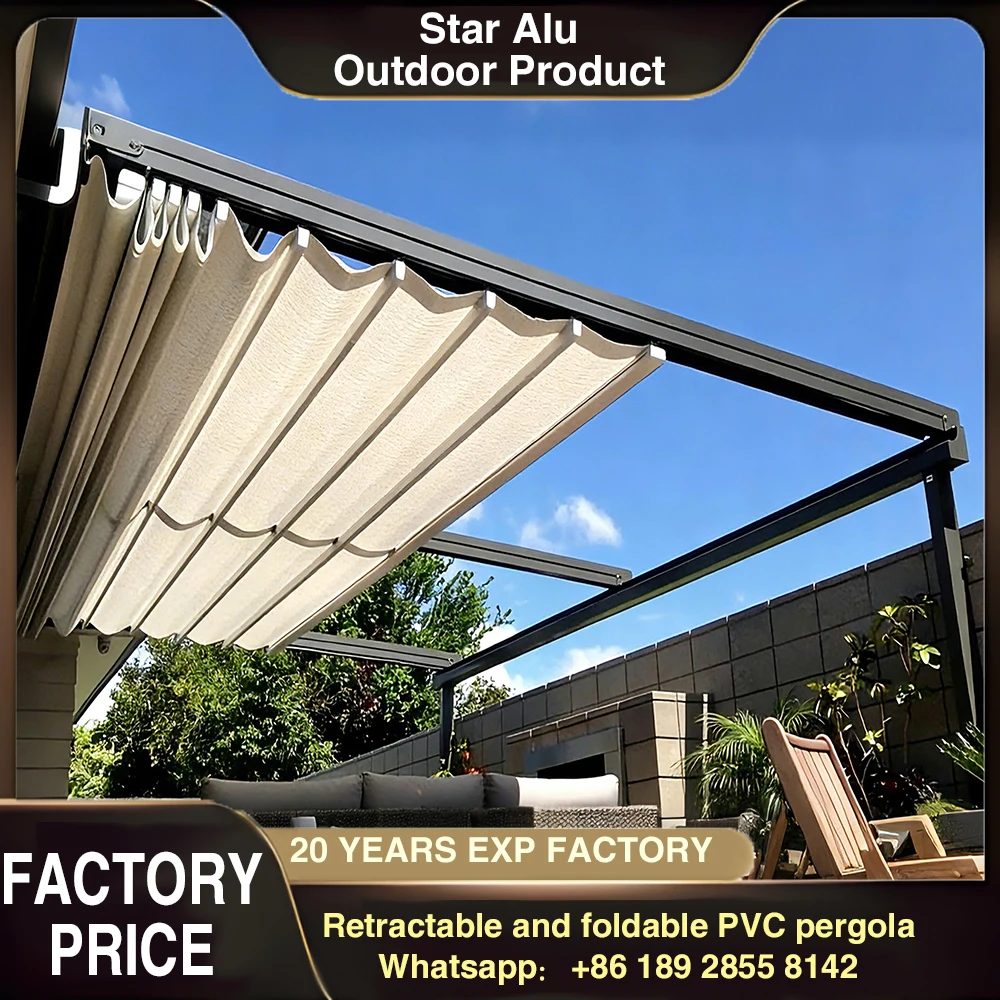 Modern Retractable Pergola Awning Waterproof PVC Canopy Powder-Coated Aluminum UV-Resistant Eco-Friendly Outdoor Sunshade