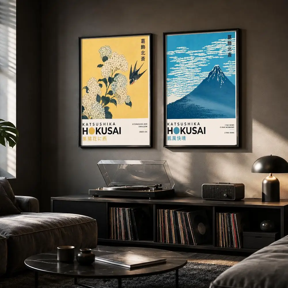 K-Katsushika Hokusai Retro Japan Sea Calligraphy Canvas Poster Hallway Bedroom Living Room Home Bar Decoration Interior Wall