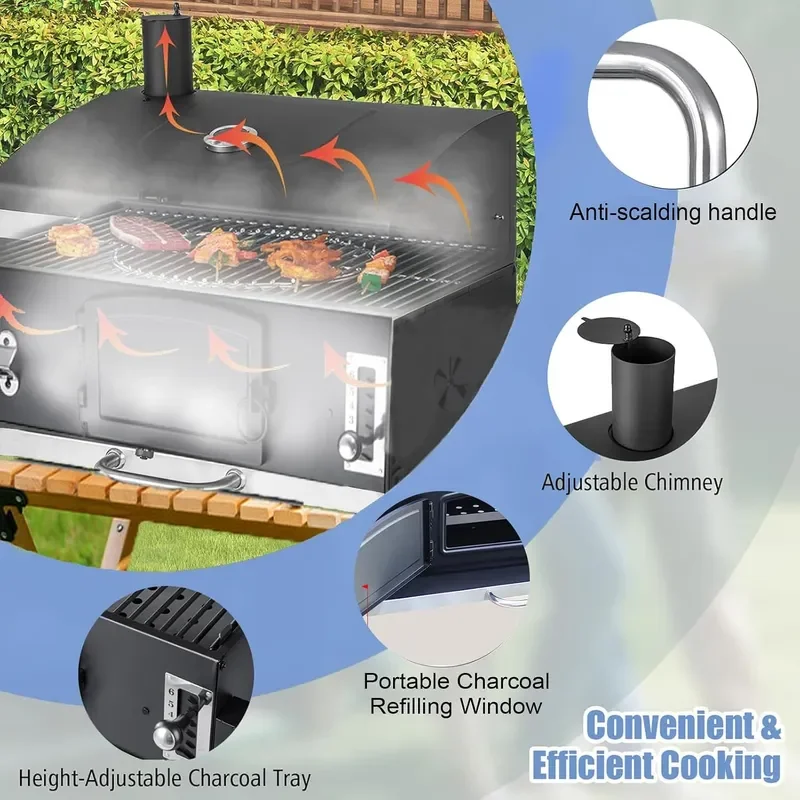 Large Built-in Barbecue Grills Charcoal BBQ Grills with Liftable Tray Insulated Hood Temp Gauge Black Stainless Steel