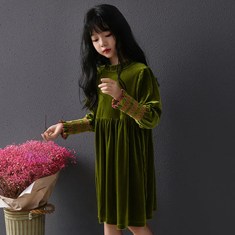 Big Girls Winter Dresses Velvet Fall Outfits Long Sleeve Dress Size 7 8 9 10 11 12 13 15 14 16 17 18 20 Years Green Kids Clothes
