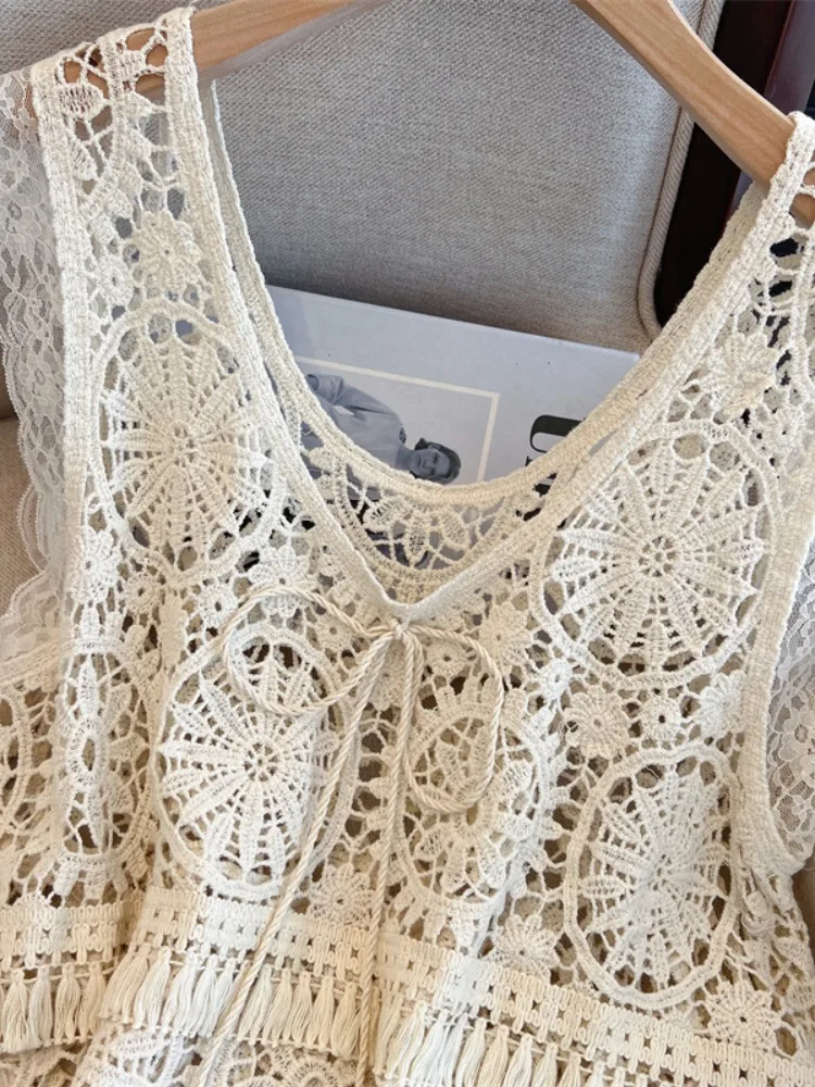 Женский кружевной жилет с открытыми бретелями, летний топ с прикрытием, дизайн с кисточками, свободный крой, обычная длина