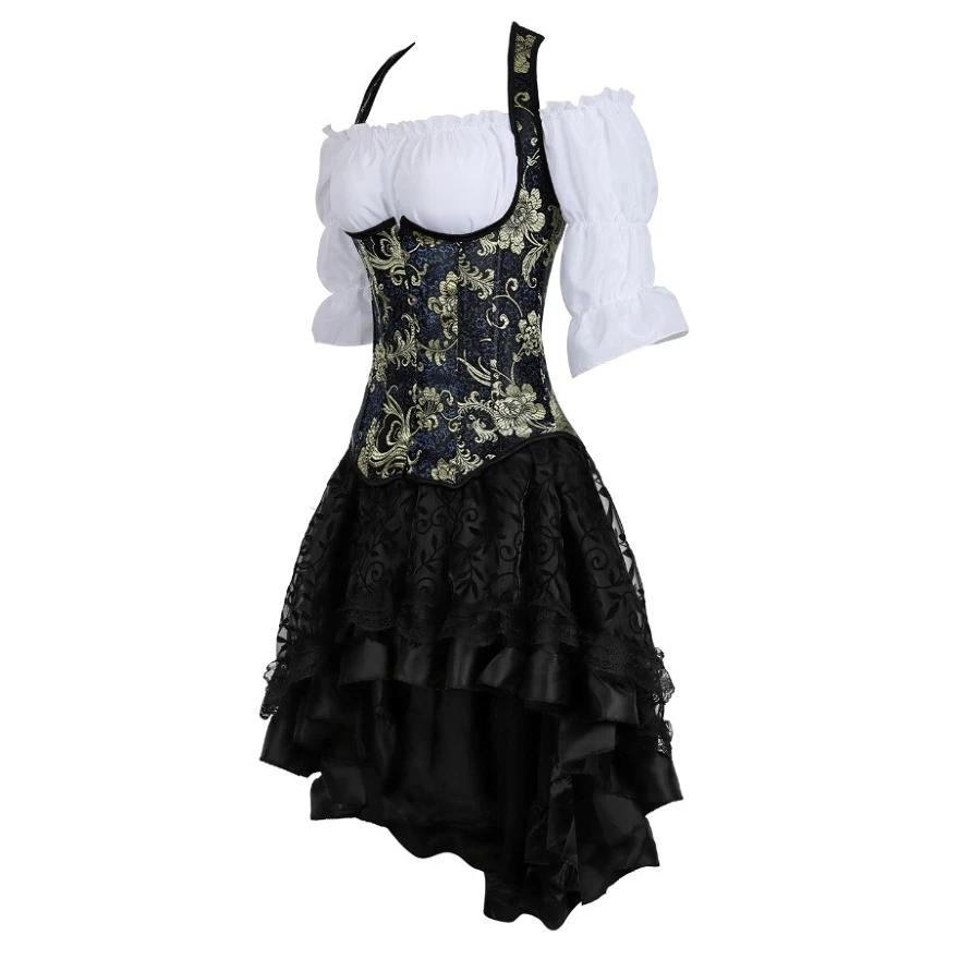 Gothic Women Corset Dress Embroidery Floral Underbust Corset Vest Renaissance Blouse Asymmetrical Lace Skirt Set Three-Pieces