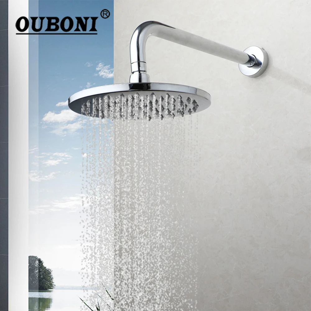 OUBINI Round Bathroom Shower Head Chrome Finished Rainfall Shower Heads Stainless Steel Top Spray Showerhead With Shower Arm