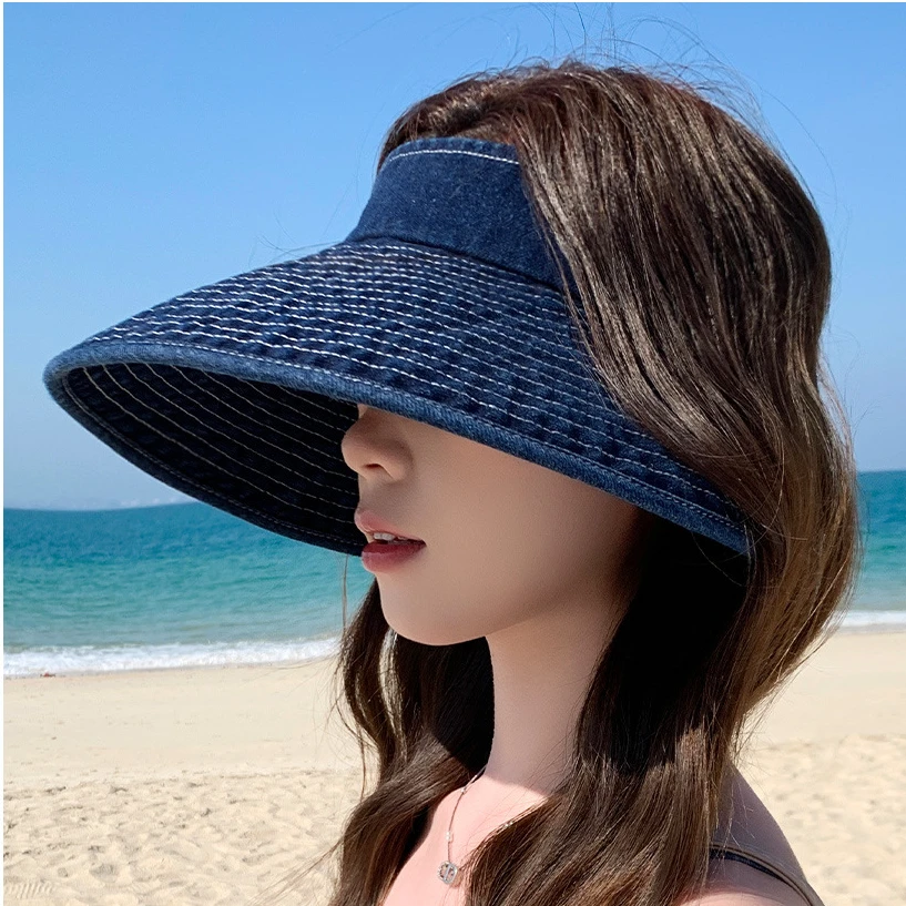Topi Matahari Denim Cuci Mewah Ceruk Wanita Topi Matahari Pinggiran Lebar Modis Topi Matahari Luar Ruangan Kasual Trendi