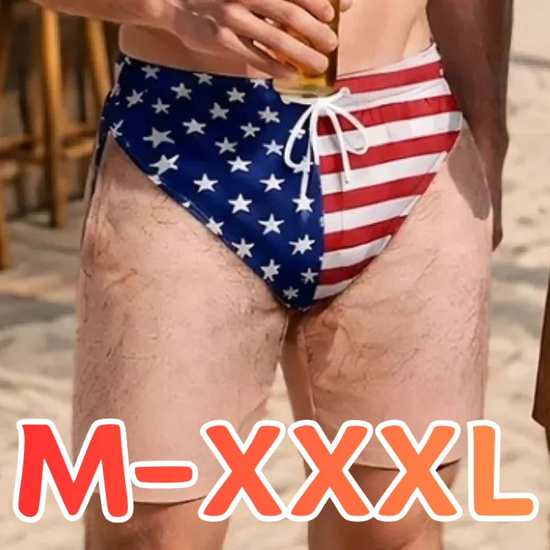 M-XXXL Men's Quick Dry Funny Fake Two Layer Swim Trunks Men American Flag Print Drawstring Beach Swimming Shorts