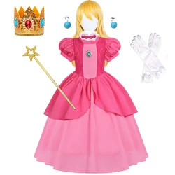 New Pink Peach Princess Dress Up For Girls Halloween Costume Mesh Puff Tulle Kids Cosplay Costume Lace Party Outfit