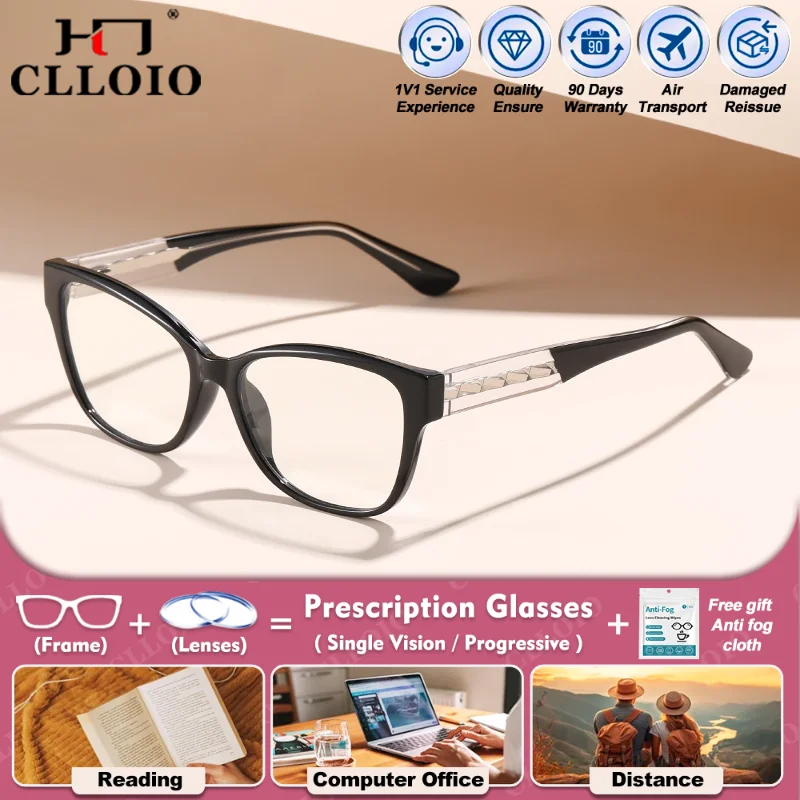 

CLLOIO Classic Cat Eye Women Myopia Prescription Reading Glasses Premium Vintage High Quality Anti Blue Ray Progressive Eyeware
