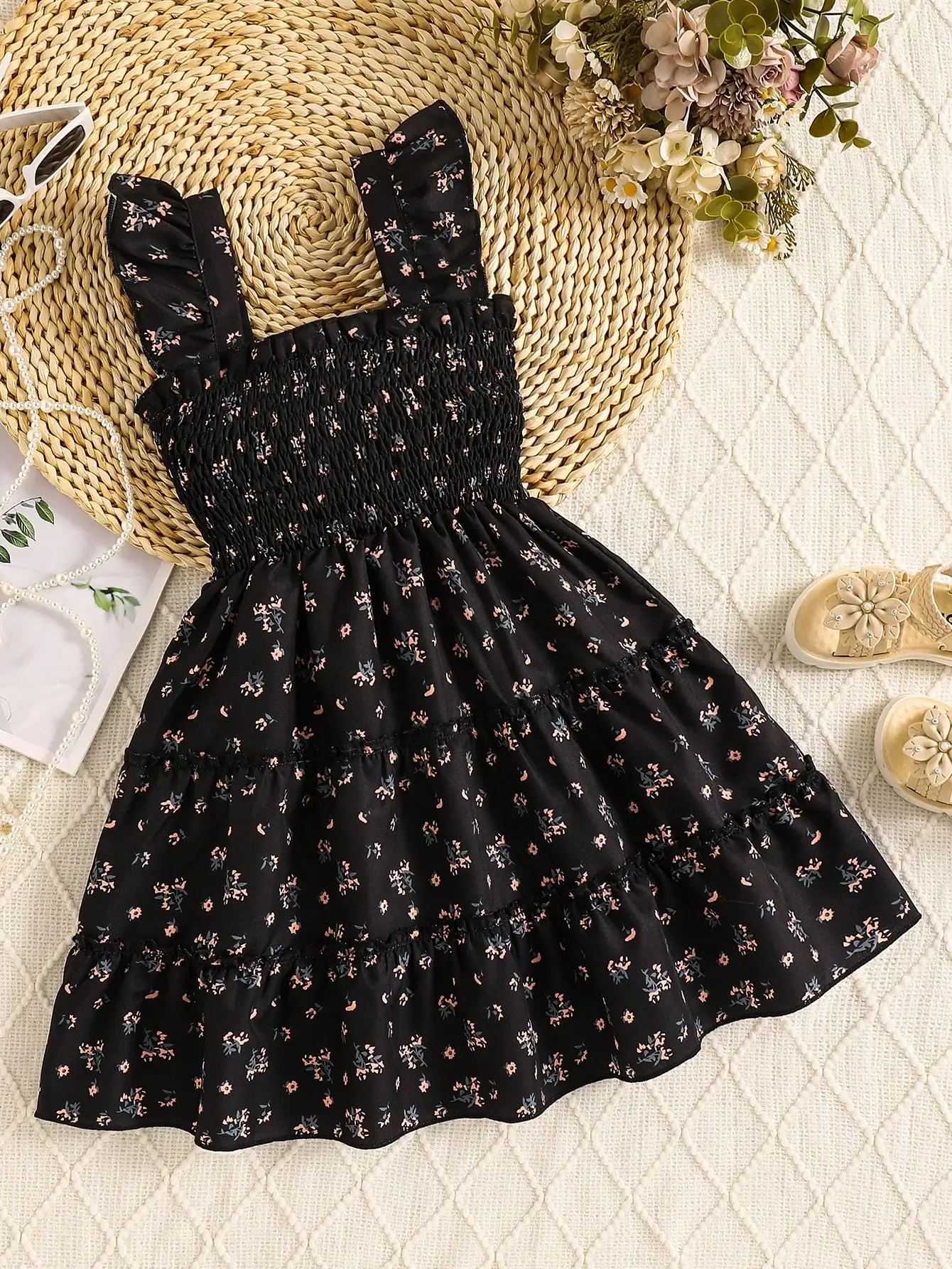

Черный сарафан с цветочным принтом, присборенным лифом и многоярусной юбкой с оборками