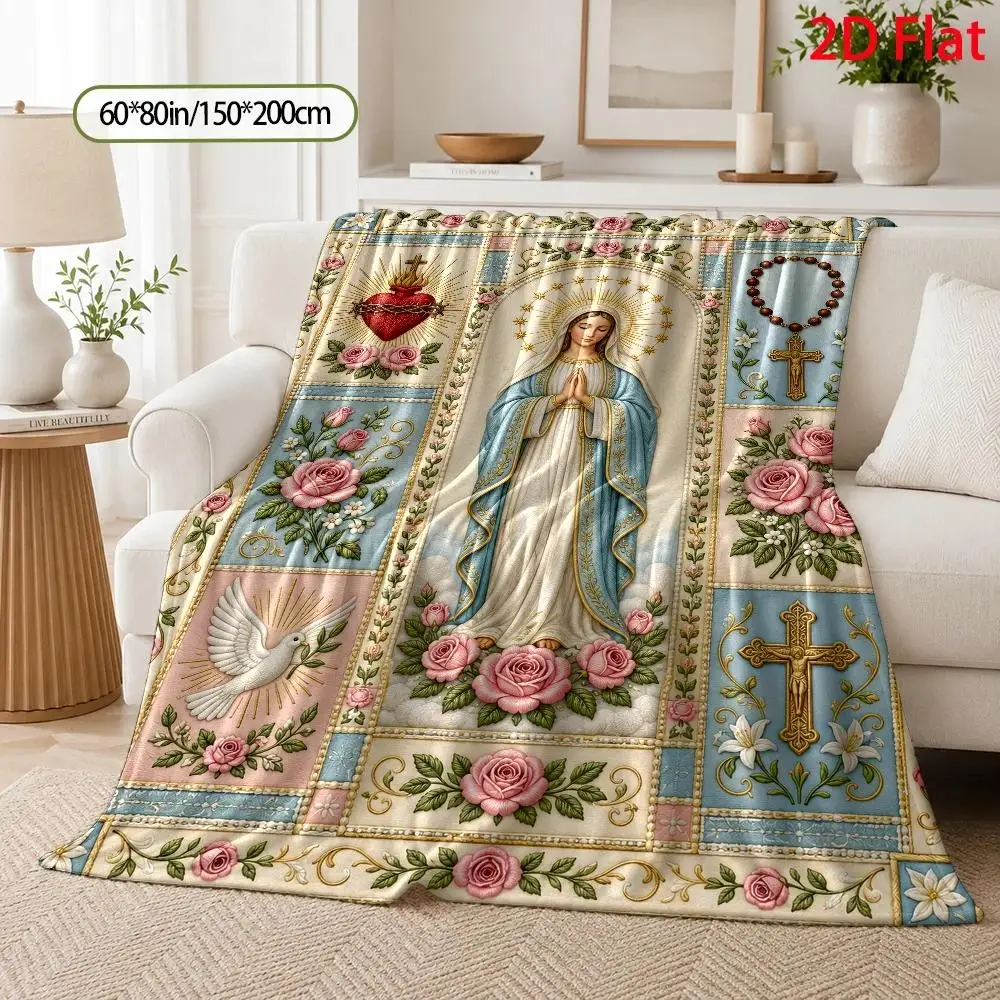 Virgin Mary Flannel Throw Blanket Rosary Cross Dove Rose Catholic Faith Design Sofa Bed Couch Bedroom Living Room Religious Home Decor Church Gift Office Travel Nap Blanket Spiritual Bedding Prayer Gift Christian Keepsake Room Accent Catholic Gift