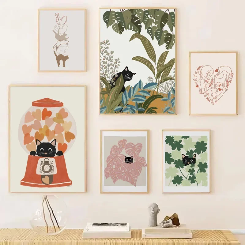 Affiche impresa de chat mignon, líneas de chat simples, amour tournesol, chat de lutte, cadeau pour amoureux des chats, mais