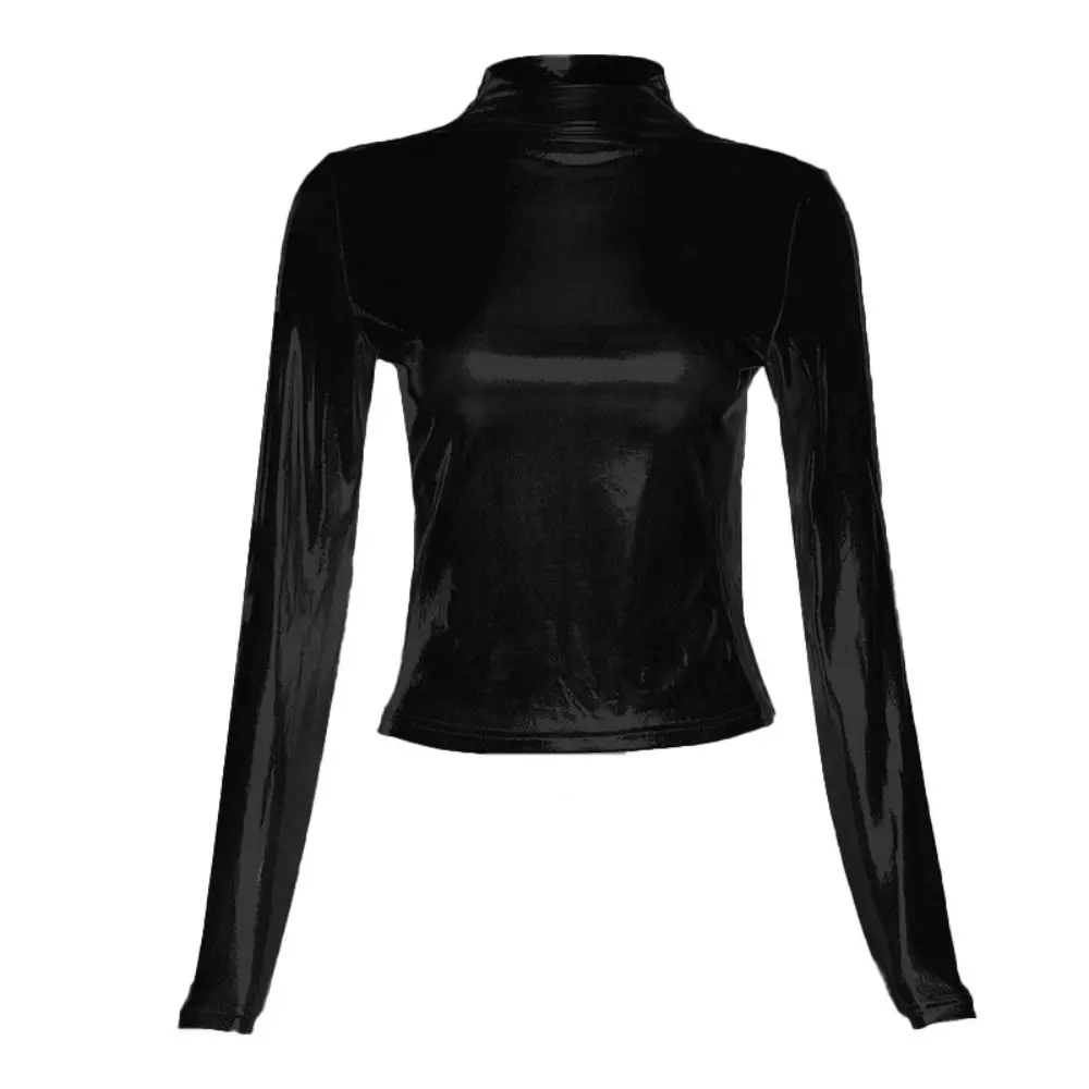 Bright Color Long Sleeve Tops Bronzing Black Solid Color Slim Cropped T Shirt Basic Clothing Slim Fit Turtleneck Tops Streetwear