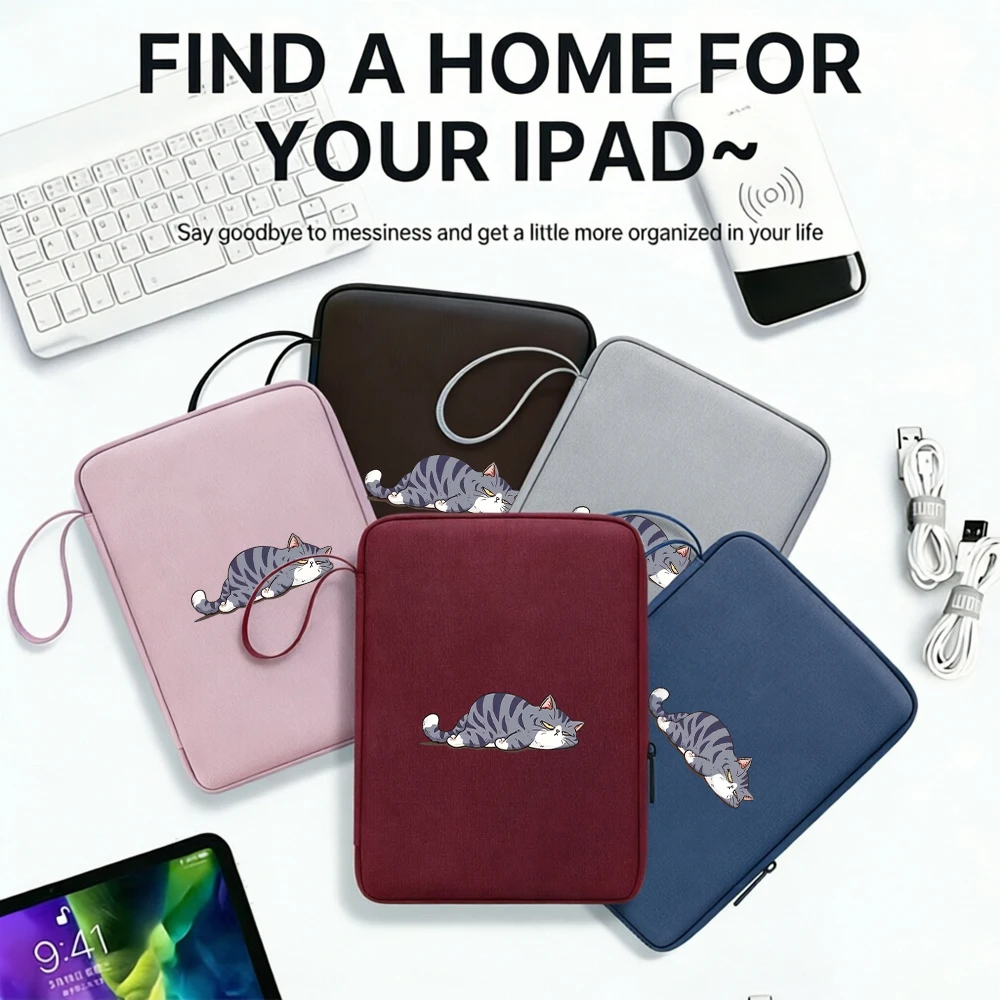 1PC Lazy Sleeping Cat Print Shock‑Resistant Water‑Repellent Tablet Sleeve, Lightweight Handheld Tablet Bag with Dual Compartment