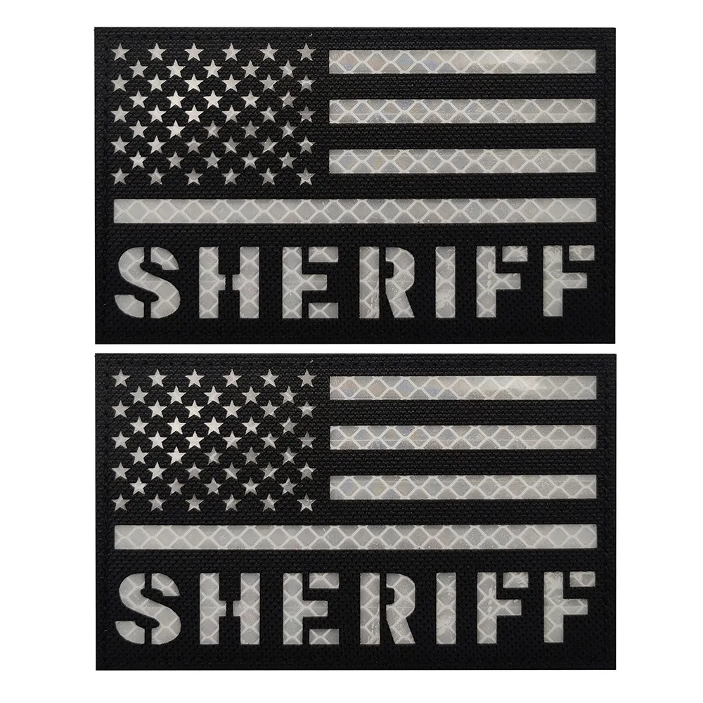 New Design 5X3inchy English Letters SHERIFF American Flag Reflective Armband Black and White Laser Cut Morale Backpack Patch