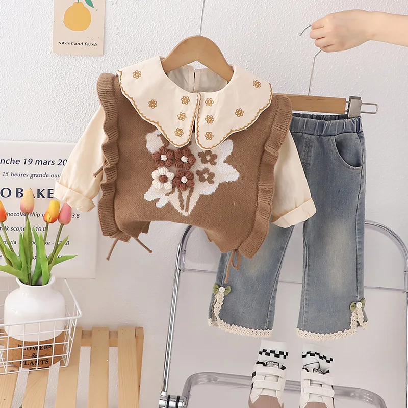 

Girls' Spring and Autumn Sweater Vest Set New Baby Children's Clothes Baby Girl Autumn Clothes Long-sleeved Three-piece Set