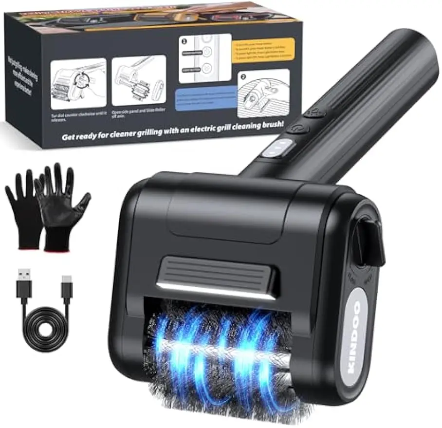 

Electric Rechargeable Grill Brush with 800 RPM Motor, Stainless Steel Bristles and LED Light for Heavy Duty BBQ Cleaning (Black)